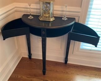 #4	Half Moon Black Entry Table w/3 legs & 2 swivel open drawers w/gold trim - 27Wx13Dx31T	 $75.00 			
