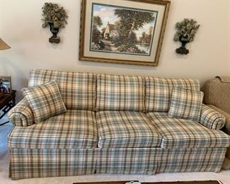 #18	Ethan Allen Sofa - 88" Long w/attached back cushions -  plaid fabric	 $100.00 			

