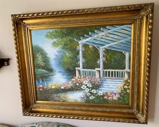 #52	Gold Frame w/oil of porch w/water Stream    36x30	 $120.00 			
