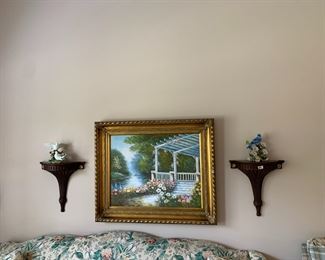 #52	Gold Frame w/oil of porch w/water Stream    36x30	 $120.00 			
#53	Resin Wood Look Wall Sconce Pair - 15x16	 $75.00 			
