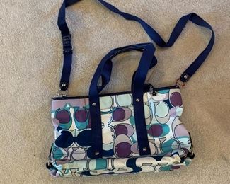 #139	coach fabric purple aqua bag with shoulder back and long strap 	 $40.00 			
