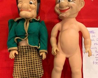 #152	Little Abner Patch Dolls by Baby Barr  1950s Mammy Yokum missing Boots and pipe, Papa  (missing Jeans, strip shirt boots long johns Vest)	 $30.00 			
