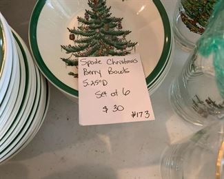 #172	Spode Christmas Berry Bowls 5.25"D - set of 6	 $30.00 			
#173	Spode Christmas Berry Bowls 5.25"D - set of 6	 $30.00 			
