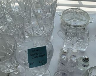 #195	8 pc Set Crystal Cut Wine Glasses  7.25"	 $30.00 			sold
#196	5 pc Set Crystal Cut Wine Glasses  7.25" 	 $20.00 			
