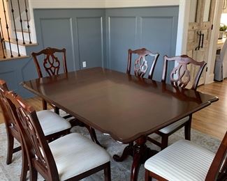 #123	Melkerson double pedistal table with 8 chairs 	 $375.00 	   		
This dining set is located across the street and you will have to ask details on pick up .
