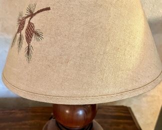Wooden base table, lamp with handpainted shade