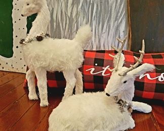 Large Fluffy White Snow Deer - pair