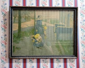 Antique 1920's "Flower Girl" in Holland by George Hitchcock - please excuse the wallpaper reflection