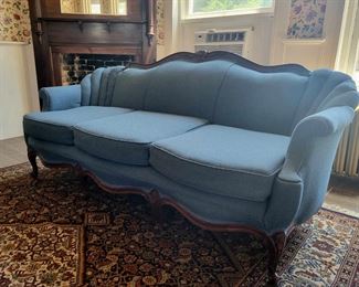 Vintage Lobby 3-cushion Sofa - carved wood details - very comfy & recently recovered