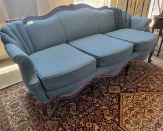 Vintage Lobby 3-cushion Sofa - carved wood details - very comfy & recently recovered