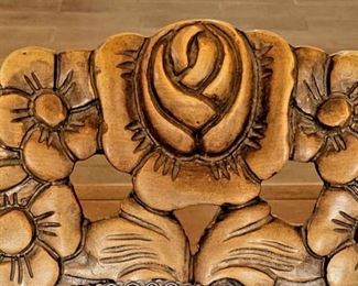 Detail of the Gorgeous Ornate Carved Wood Vintage Lobby Chaise - price does not reduce