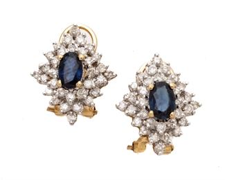Blue Sapphire, Diamond & 14kt Yellow Gold Earrings, 4.9g 1 Pair