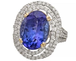 Tanzanite 6.48ct And Diamond 1.29tct, 18k White Gold Ring, Size 6 1/2