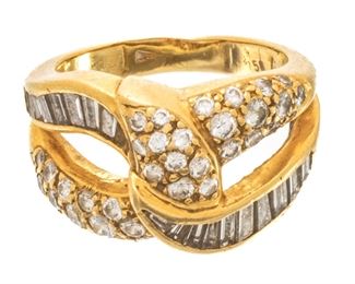 18k Yellow Gold, Baguette And Full Cut Diamond Ring, Size 5.5, 8.2g
