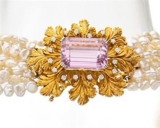 McTeigue & Co. (American, Est. 1895) 18kt. Yellow Gold, Platinum Diamond, And Rhodolite Garnet Torsade Pearl Necklace L 25''