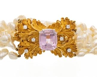 McTeigue & Co. (American, Est. 1895,) 18kt. Yellow Gold, Platinum Diamond, And Rhodolite Garnet Torsade Pearl Bracelet L 8''