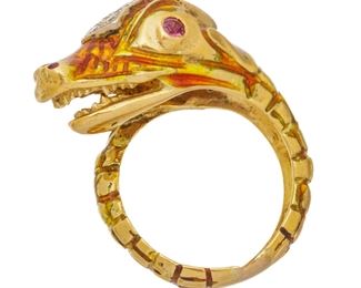 18k Gold, Enamel, Diamond "dolphin" Ring, Size 6 3/4 11.5g