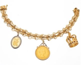 14k Gold Bracelet: 1958 Gold Sovereign, Eliz II Crown, L 7'' 36g