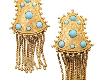 French Gold & Turquoise Earrings, Tassels, L 1.7'' 16.4g 1 Pair