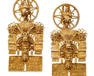 Gold Pendant Earrings, Incan Motifs 18.9g