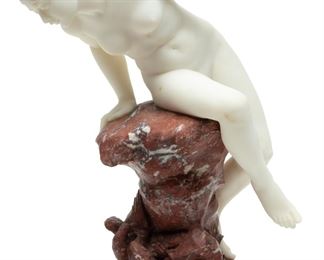 Benedict Rougelet (French, 1834-1894) Carved Carrara Marble Sculpture, Late 19th C., Venus With Two Doves, H 17'' W 9''