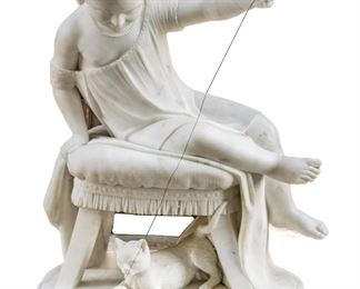 Carlo Uboldi (Italian, 1821-1884) Carved Marble Sculpture, 1878, Young Girl Playing With Kitten, H 32'' L 24'' Depth 20''