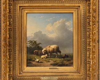 Eugene Joseph Verboeckhoven (Belgian, 1798-1881) Oil On Beveled Mahogany Panel, Ca. 1854, Landscape With Sheep, H 9'' W 8''