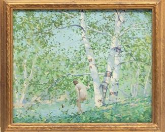 Allen Dean Cochran (American, 1888-1971) Oil On Canvas Nude Near A Stream, H 24.5'' W 29.7''