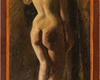 Frank Duveneck (American, 1848-1919) Oil On Canvas Mounted To Board, Female Nude, H 35'' W 17''