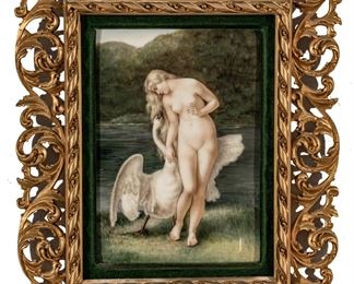 E. K. Kaley, Painting On Porcelain Ca. 1900, Leda And The Swan, H 10.7'' W 7.2''