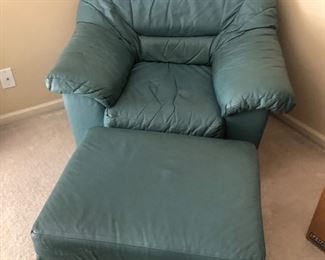 Santa Fe teal leather chair and ottoman