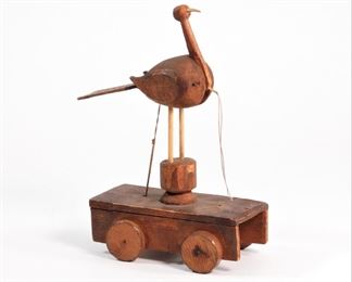 7: C1875 Primitive Folk Wood Wheeled Bobbing Bird Toy