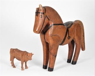 12: 2PC American Folk Carved Horse Cow Primitive Toys