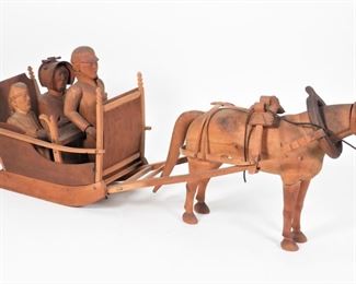 13: Primitive Folk Art Carved Wood Horse Drawn Sleigh