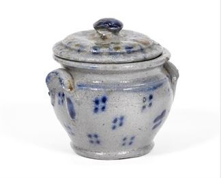 29: Rare 19C. Miniature Stoneware Cobalt Covered Crock