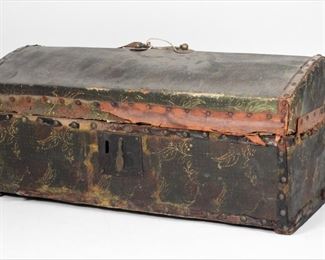 56: C1840 American Painted Leather Dome Top Doll Trunk
