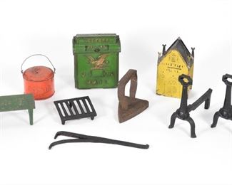 65: 8PC 19C American Iron & Painted Tin Doll Toy Group