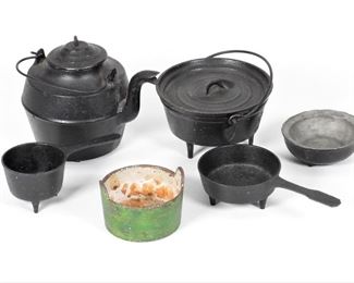 66: 7 19C American Painted Iron Doll Toy Kitchen Group