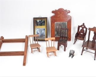 75: 9PC Antique Doll Furniture Chair Mirror Group