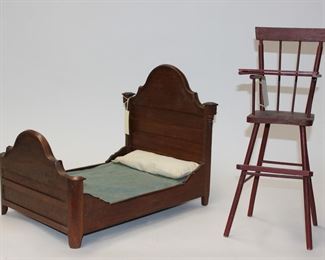 80: 2PC American Doll Furniture Toy Bed High Chair