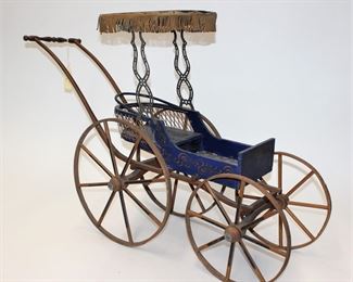82: 19C Fancy Blue Stencil Decorated Toy Doll Carriage
