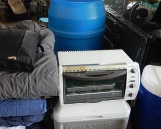 Blankets, Barrel, Toaster Oven and Cooler