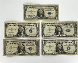 Five 1957 B $1 Silver Certificates