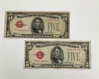 Two 1928 C Red Seal $5 Legal Tender