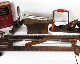 Fulton Plane, Antique Clamps And Tools With Wood Crate