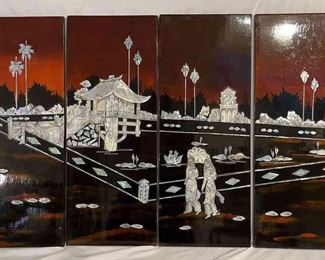 Paneled Street Scene From Asia In Mother Of Pearl Laquered Wood