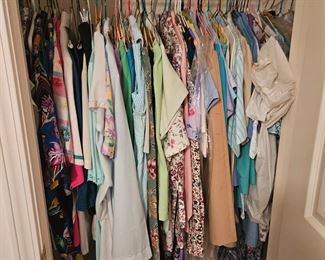 House coats, night gowns are located in the closet with Waterfall Bedroom suite. Clean and mostly XL and 1X in size.  Hangers go with item ! :-)