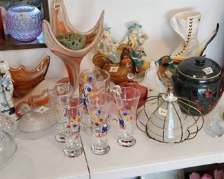 Various swirl glass accent pieces/vintage pitcher-glasses, bean pot, etc