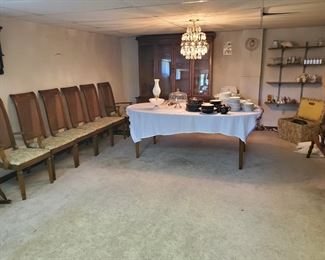 MCM Dining set/ (6) Cane back chairs/table with leaf/China Cabinet