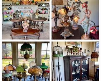 Antique lamps, bisque dolls, art deco figurines 